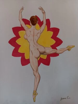 female figure drawing nude Ink colored pencil artist Jerome Cadd"On point dance" - Image 1 of 4