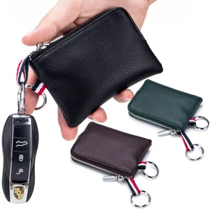Genuine Leather Zipper Credit Card Case Small Key Wallets Keychain for Women Men - Picture 1 of 19