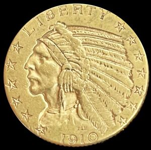 1910 D GOLD US $5 INDIAN HEAD HALF EAGLE COIN DENVER MINT 
