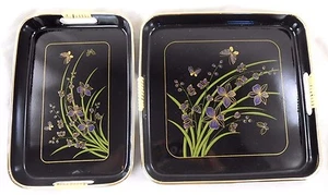 Vintage Mid Century Modern 2 pce. Black Floral Design Laquerware Tray Set Japan - Picture 1 of 10