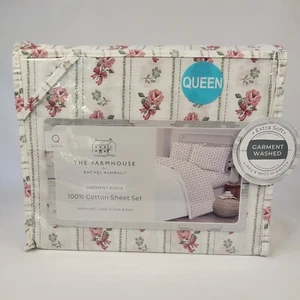 R Ashwell Farmhouse Shabby Chic QUEEN Sheet Set Pink Green Floral White Cotton - Picture 1 of 13