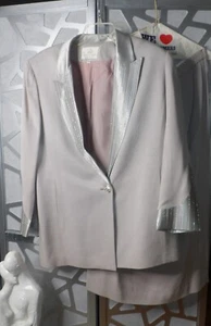 GIVOLDI COUTURE SATIN TRIM/RHINESTONE/POCKETED GRAY2PC. FORMAL SKIRT SUIT(SZ:14) - Picture 1 of 14