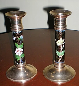 Vintage Cloisonné & Brass Candle Stick Holders - Picture 1 of 8