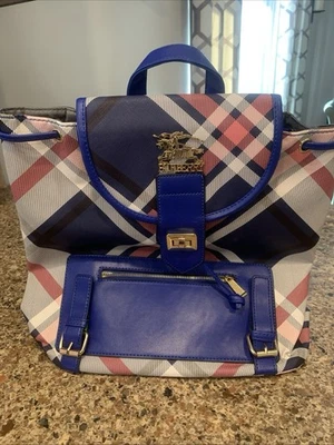 Burberry Women’s Plaid Backpack White Blue Black Pink Drawstring Pockets - Image 1 of 4