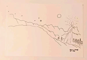 Hand drawn illustration depicting mountainous landscape, river, trees, 867 - Picture 1 of 6