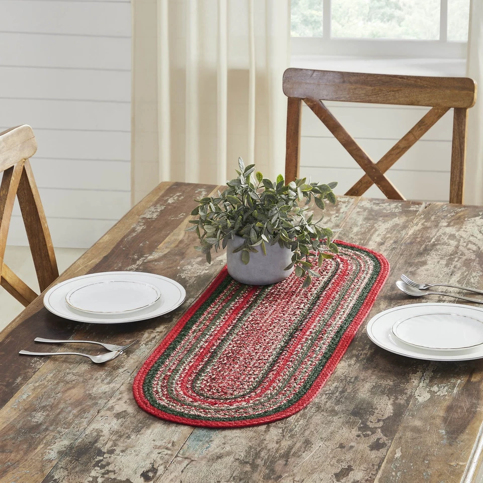 VHC Forester Braided Christmas Table Runner 12x36 Indoor/Outdoor Red/Green/Cream