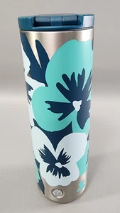 Starbucks ~ Stiefmütterchen blau/grün Blumenmuster Edelstahl Becher 16 Unzen - Bild 1 von 10