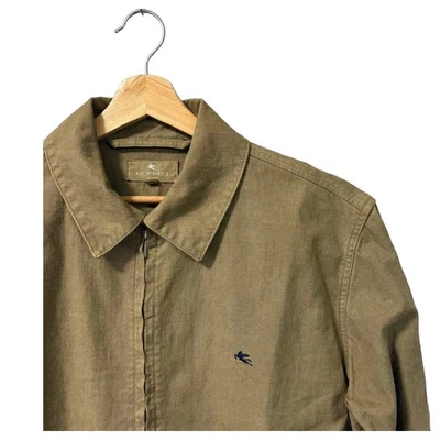 ETRO Linen Blend Zip-Up Jacket Khaki Olive Embroidered Logo M F/S - Image 1 of 4