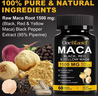ONE BTANICL 🌿100% Pure & Natural Maca 1500mg 60Kapseln, Vegan Testo für Männer, Halal ✅