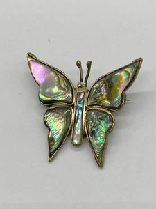 Vintage Abalone Schmetterling Brosche silberfarben Retro Revers Kitsch Alpaka Mexiko - Bild 1 von 5