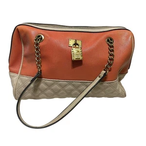 Anne Klein Satchel Bag Womens Coral Cream Quilted Chain Shoulder Purse Padlock - Picture 1 of 13