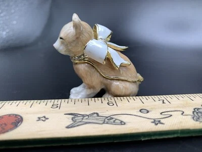 Vintage Jeweled Enamel Cat Trinket Box Crystals Bow Ginger Gold Tone Hinged Lid - Image 1 of 4