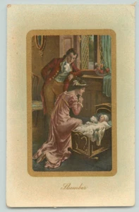 POSTKARTE Schlummer, Baby in der Krippe. Mutter und Vater. neue Eltern - Bild 1 von 2