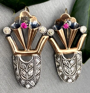 Art Deco Vintage Diamond Ruby Earrings 14K Rose Gold Silver Estate Fine Jewelry - Picture 1 of 24