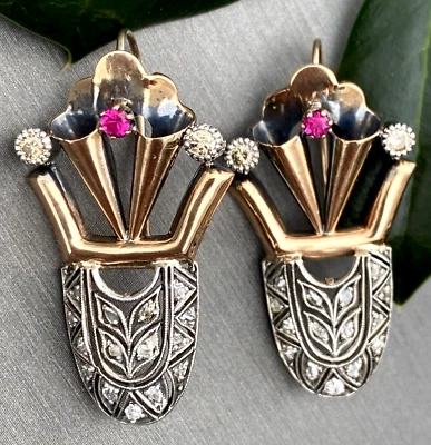 Art Deco Vintage Diamond Ruby Earrings 14K Rose Gold Silver Estate Fine Jewelry - Image 1 of 4