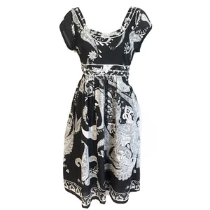 NEW Coupe cap sleeve cotton paisley scoop neck dress black white medium - Picture 1 of 9