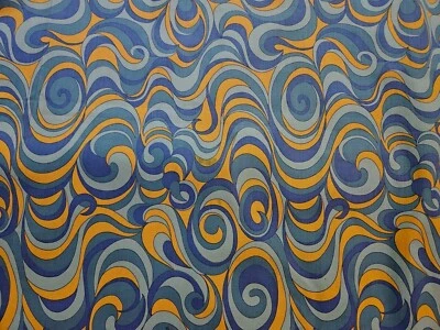 Vintage Flower Power Groovy PSYCHEDLIC Stoff blau türkis gelb Swirl Print  - Bild 1 von 4