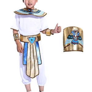 Kids Egyptian Prince Costume Outfit Short Sleeve Top with_Pants Headwear Set - Picture 1 of 6