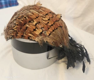VTG Womens Genuine PHEASANT FEATHER Mid-Century Fascinator PILLBOX HAT - Picture 1 of 4