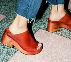 Free People Tan Leather Wooden Platform Clogs Women's 40 EU 9-9.5 US Retro Boho - Picture 1 of 10
