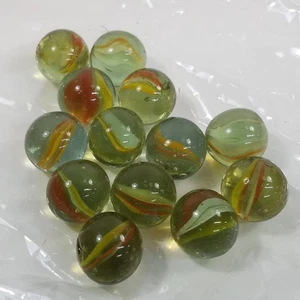 13 Vtg Green Glass Cats Eye 6 Vane Marble Orange White Yellow .6 Inch - Picture 1 of 6