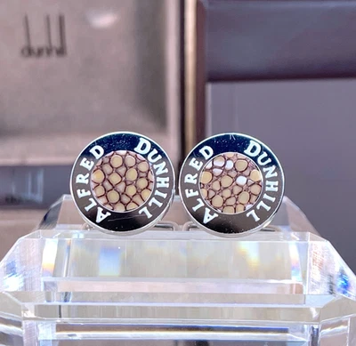 Dunhill Rare Round Cufflinks Shagreen Beige Leather Sterling Silver w/Case - Image 1 of 4