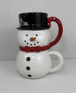 Pupazzo di Neve Tazze in Gres, Set di Due Tazze Cracker Barrel Tazza da Caffè Tè - Foto 1 di 13