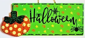 HALLOWEEN PUMPKIN SIGN Autumn Fall Decor Wall Art Door Hanger Wood Plaque Spider - Picture 1 of 1