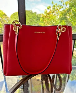 Michael Kors Trisha Large Leather Shoulder Tote Bag Handbag Purse Bright Red MK - Picture 1 of 7