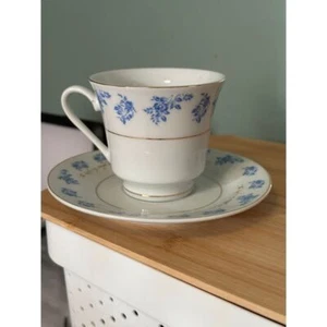 Dayspring Cards Vintage Blue Floral Teacup and Saucer Set Gold Trim Fine China - Picture 1 of 18