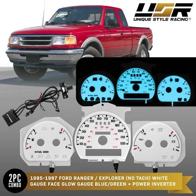BLUE/GREEN Glow Gauge White Overlay For 95-97 Ford Ranger Pickup NO TACH Cluster Foto 1 de 4