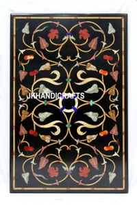 3'x2' Black Marble Dining Table Top Gemstone Floral Design Inlay Work Home Decor - Picture 1 of 7