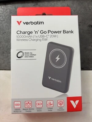 NEW IN BOX Verbatim Charge 'n' Go Magnetic Wireless Power Bank 10000 mAh Grey - Image 1 of 4