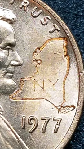 1977 LINCOLN CENT WITH New York map COUNTER STAMPED COIN Cover