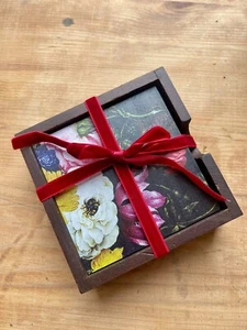 Set Of 4 Coasters Wooden Vintage Floral Roses Coffee Tea Cup Mug Place Mats - Imagen 1 de 4