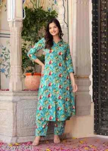 Indian Women Blue Cotton Floral Printed Anarkali Kurta set - Picture 1 of 4