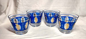 MCM Hazel Atlas Cobalt Blue & 22K Gold Hi-Ball Rocks Glasses ~ Vintage Set of 4 - Picture 1 of 7