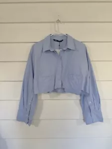 New Zara Shirt Crop Top Poplin Blue Button Up Long Sleeve Large L 2186 269 - Picture 1 of 16