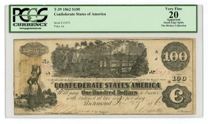 1862 T-39 $100 The Confederate States of America Note - CIVIL WAR Era PCGS VF 20 - Picture 1 of 2