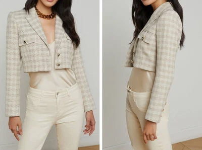 Women L'AGENCE Maura Checked Cropped Tweed Jacket Coat Blazer - Image 1 of 4