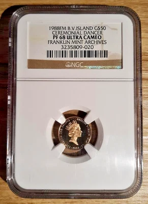 NGC 1988FM BV ISLAND G$50 CEREMONIAL DANCER PF68 ULTRA CAMEO FRANKLIN MINT GOLD! - Image 1 of 4
