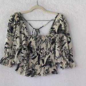 By Together Women's Smocked Black & White Floral Square Neck Blouse Size S - Picture 1 of 6
