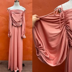 Vintage 1970s Joy Stevens Maxi Dress Glam Disco Club Ruched Voluminous sleeves - Picture 1 of 7