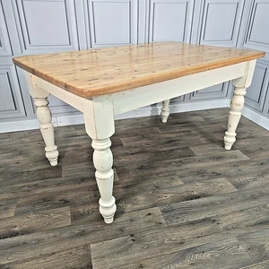 Retro Vintage Solid Wooden Pine Turned Dining Table - Farmhouse Shabby Chic - Picture 1 of 24