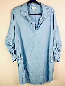 Como Vintage XXL Chambray Tunic Shirt Blue Roll Tab Sleeve V-neck Denim Top Lt - Picture 1 of 7