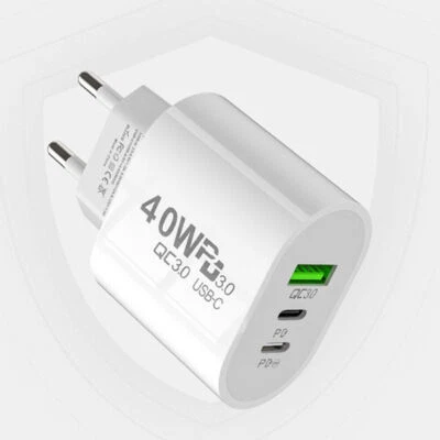 3-fach Schnellladegerät 40W Netzteil 2x USB-C + 1x USB Charger Mehrfach Stecker - Bild 1 von 4