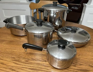 Revere Ware 1801 Stainless Steel Tri-Ply Disc Cookware 9 Piece Set Pots Pan VTG - Picture 1 of 20