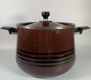 Vintage West Bend Scandia Bohnentopf Topf Deckel Seitengriffe braun Emaillegeschirr MCM - Bild 1 von 6