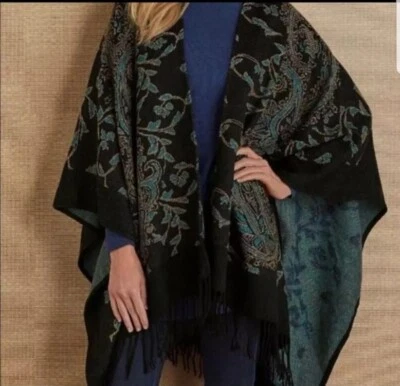 Poncho envolvente suave chal negro verde azulado multi cachemira flecos dobladillo talla única Foto 1 de 4