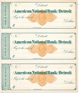 RN-D1 revenues on unused 187x American National Bank of Detroit checks, 3 sheet - Picture 1 of 4
